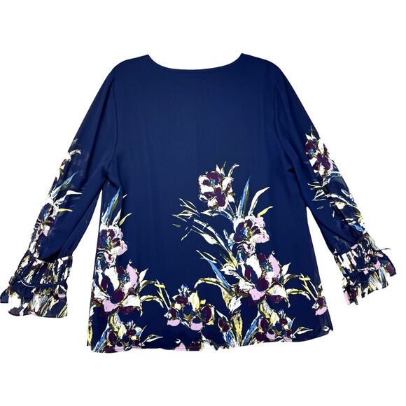 Chico’s Blouse Womens 2 Blue Stretch Floral Bird Of Paradise-Print Pullover Knit - Picture 2 of 12